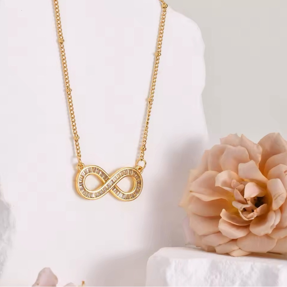 18K Gold Infinity Symbol Diamond Baguette Inlay Love Forever Necklace - Picture 6 of 7